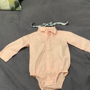 Pink and white gingham shirt with plaid bow tie